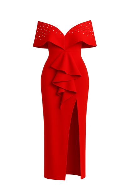 Robe Élégante Flynza™ – Volants Sculptés & Fente Haute | Noir & Rouge