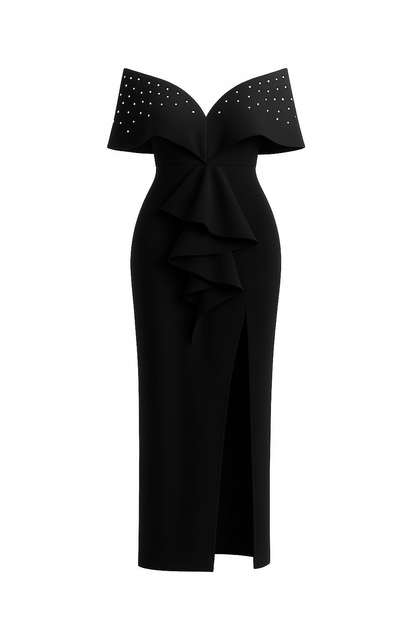 Robe Élégante Flynza™ – Volants Sculptés & Fente Haute | Noir & Rouge